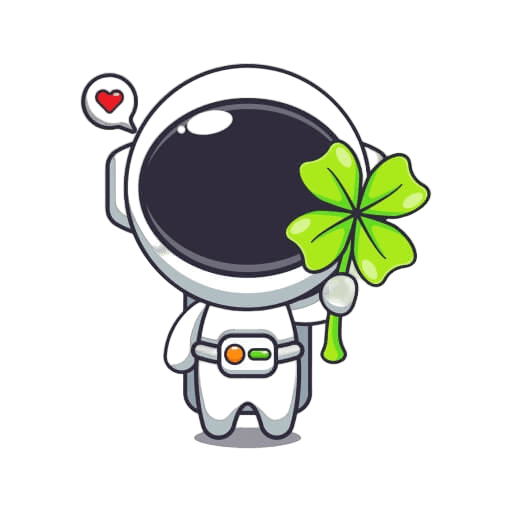 Ein niedlicher Cartoon-Astronaut, der zum Saint Patricks Day ein großes grünes vierblättriges Kleeblatt hält, mit einer Sprechblase, die ein kleines rotes Herz zeigt.