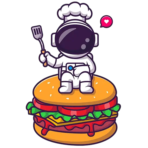 Ein Cartoon-Astronaut mit Kochmütze sitzt auf einem riesigen Hamburger von Centimeter Wien und hält einen Pfannenwender, in dessen Nähe ein rosa Herz schwebt.