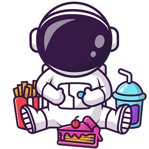 Ein Cartoon-Astronaut sitzt im Schneidersitz, umgeben von Pommes frites, einem blauen Getränk mit Strohhalm und einem Stück Kuchen mit rosa Zuckerguss und einer Kirsche obenauf. Das Visier des Astronauten ist groß und glänzend.