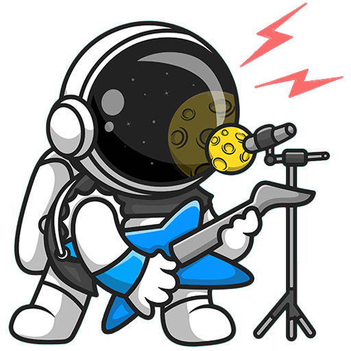 Ein Cartoon-Astronaut spielt eine blaue E-Gitarre und singt in ein Mikrofon in Form eines gelben Mondes, mit roten Noten darüber, auf weißem Hintergrund.