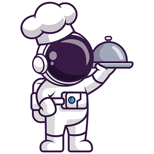 Ein Cartoon-Astronaut mit Kochmütze hält mit einer Hand eine gedeckte Servierplatte hoch und scheint bereit zu sein, Essen zu servieren.