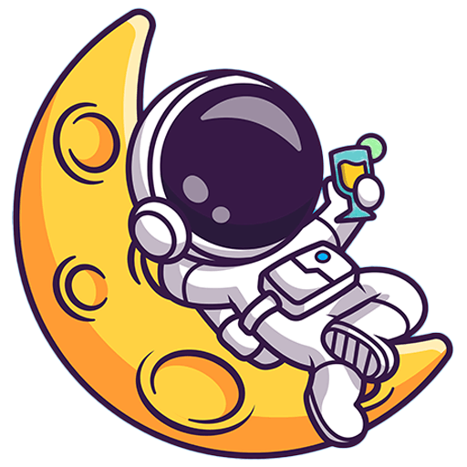 Ein Cartoon-Astronaut lümmelt auf einer Mondsichel, hält einen Drink in der Hand und entspannt sich mit einem Arm hinter dem Kopf - als hätte er die ultimative Partylocation Wien im Weltraum gefunden. Der leuchtend gelbe, verkraterte Mond leuchtet unter dem Anzug des Entdeckers.