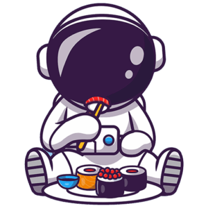 Cartoon-Astronaut im Schneidersitz, Sushi mit Stäbchen essend, als ob Geburtstag feiern Wien im Weltraum. Ein Teller mit Sushi und eine kleine Schüssel stehen davor; der große, reflektierende Helm hält das Gesicht verborgen.