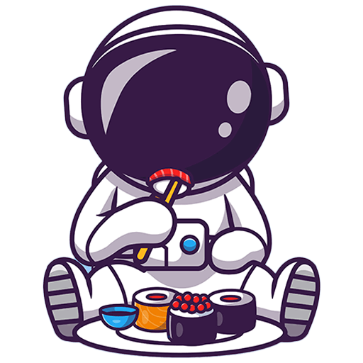Cartoon-Astronaut im Schneidersitz, Sushi mit Stäbchen essend, als ob Geburtstag feiern Wien im Weltraum. Ein Teller mit Sushi und eine kleine Schüssel stehen davor; der große, reflektierende Helm hält das Gesicht verborgen.
