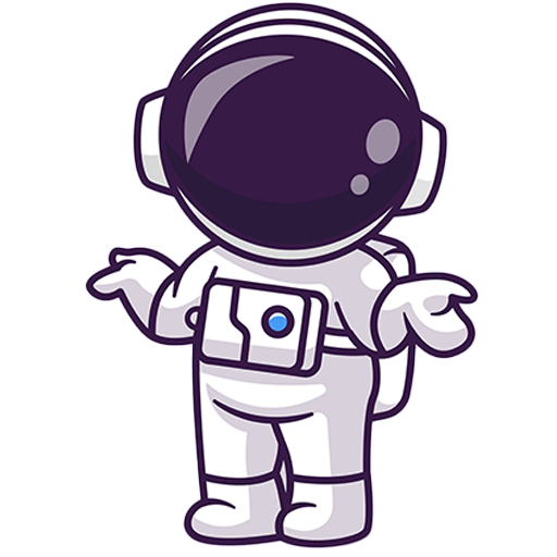 Cartoon-Astronaut im weißen Raumanzug mit schwarzem Visier, der mit erhobenen Händen und Handflächen nach oben achselzuckend vor einem schlichten Hintergrund steht.