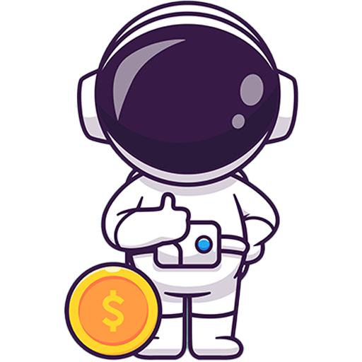 Cartoon-Astronaut, der den Daumen nach oben zeigt und neben einer großen Goldmünze mit einem Dollarzeichen steht.