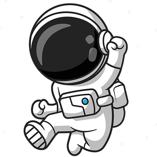 Cartoon-Astronaut in einem weißen Raumanzug mit einem großen schwarzen Visier, der einen Arm hebt und freudig springt. Der Anzug hat einen Gürtel, eine Tasche und einen blauen Knopf auf der Brust. Der Hintergrund ist einfarbig weiß.