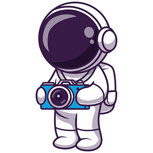 Cartoon-Astronaut in einem weißen Raumanzug und Helm, der eine blaue Kamera hält, stehend und nach vorne blickend, bereit, Geburtstag feiern Wien im kosmischen Stil.