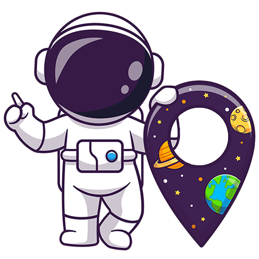 Cartoon-Astronaut stehend und nach oben zeigend, mit einer Location-Anstecknadel, die mit Sternen, der Erde, dem Saturn und dem Mond verziert ist - ein überirdischer Hinweis auf die Suche nach Ihrer perfekten Partylocation Wien.