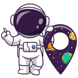 Ein Cartoon-Astronaut winkt neben einer Anstecknadel mit Weltraummotiven, die mit Abbildungen der Erde, des Saturns und des Mondes auf weißem Hintergrund verziert ist.