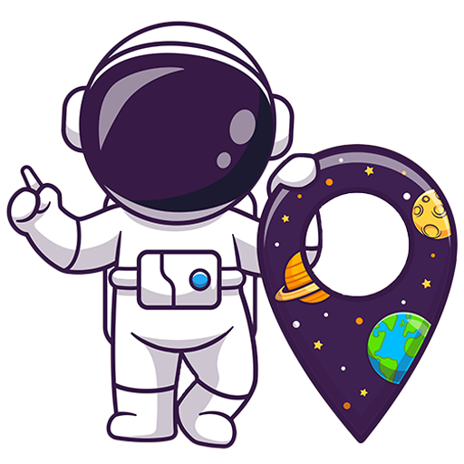 Ein Cartoon-Astronaut winkt neben einer Anstecknadel mit Weltraummotiven, die mit Abbildungen der Erde, des Saturns und des Mondes auf weißem Hintergrund verziert ist.
