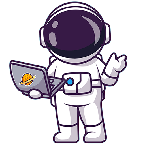 Cartoon-Astronaut mit Raumanzug und Helm, der einen geöffneten Laptop mit einem Planetenaufkleber in der Hand hält und eine Hand hebt, als würde er etwas erklären oder präsentieren.