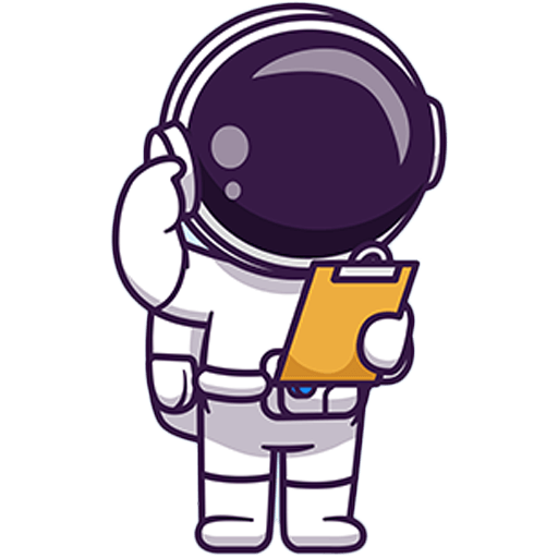 Cartoon-Astronaut in einem weißen Raumanzug, der ein Klemmbrett in der Hand hält und eine Hand an seinen Helm hält, als ob er nachdenkt oder zuhört.