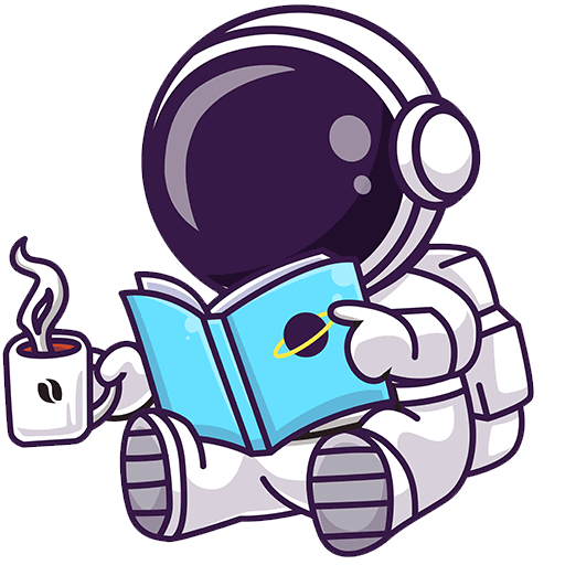 Ein niedlicher Cartoon-Astronaut sitzt und liest ein blaues Buch mit einem Planeten auf dem Cover und hält eine dampfende Tasse mit einem Kaffeebohnensymbol.
