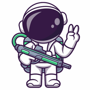 Cartoon-Astronaut im weißen Anzug hält eine grün-graue Laserpistole und macht ein Friedenszeichen - die perfekte Inspiration für Ideen für Firmenevents. Das glänzende, dunkle Helmvisier reflektiert das Licht und verleiht ihm einen coolen, futuristischen Touch.