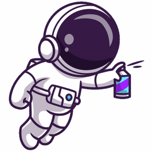 Ein Cartoon-Astronaut, der im Weltraum schwebt und eine Spraydose mit lila und blauen Farben in der Hand hält - perfekt für kreative Ideen für Firmenevents, um Inspiration zu verbreiten.