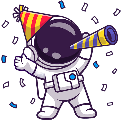 Cartoon-Astronaut, der einen roten und gelben Partyhut trägt, ein Partyhorn bläst und von Konfetti umgeben ist, feiert.