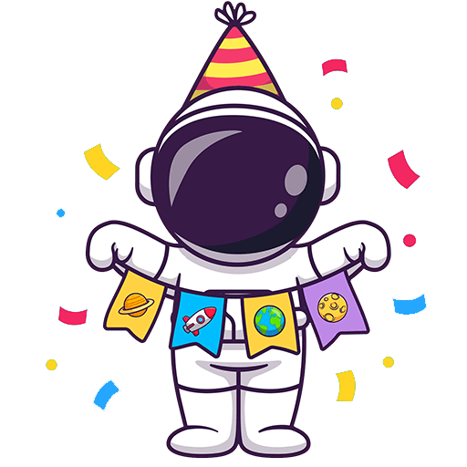 Ein Cartoon-Astronaut mit einem gestreiften Partyhut steht mit erhobenen Armen da und hält eine Reihe von Flaggen mit Weltraummotiven. Buntes Konfetti fliegt herum und schafft eine festliche Atmosphäre.