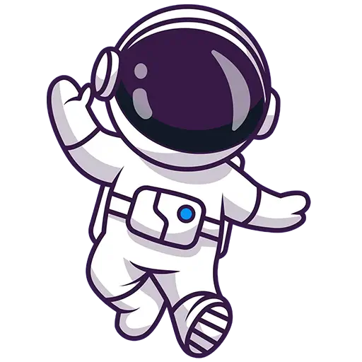 Cartoon-Illustration eines Astronauten in einem weißen Raumanzug mit einem großen, dunklen Visier, der wegschaut und mit einer Hand winkt, während er geht oder schwebt.