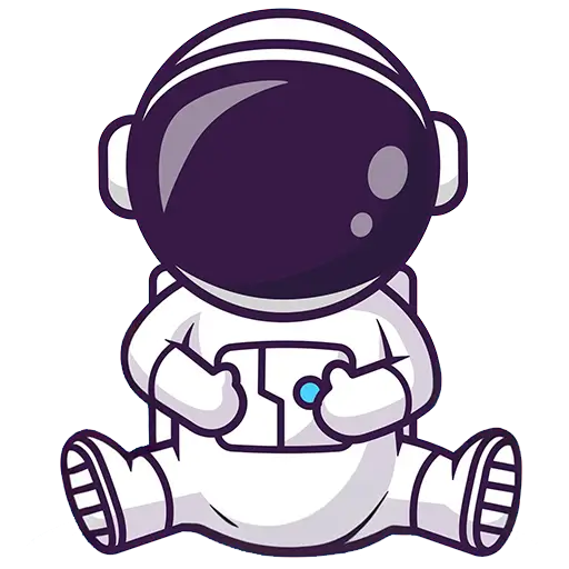 Cartoon-Illustration eines sitzenden Astronauten in einem weißen Raumanzug mit einem großen, glänzenden schwarzen Helm, der einen kleinen, in Zentimetern gemessenen Gegenstand auf einem schlichten roten Hintergrund hält. Inspiriert durch den verspielten Stil der Wiener Cartoons.