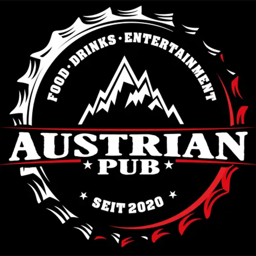Ein kreisförmiges Logo für Austrian Pub zeigt Berggipfel, die Worte FOOD - DRINKS - ENTERTAINMENT, AUSTRIAN PUB und SEIT 2020, mit einem Flaschenverschlussdesign in Schwarz, Weiß und Rot.