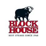Logo für Block House mit der Silhouette eines Stiers, der über dem fetten roten Text Block House steht. Darunter steht Best Steaks Since 1968 in schwarzen Großbuchstaben auf weißem Hintergrund.