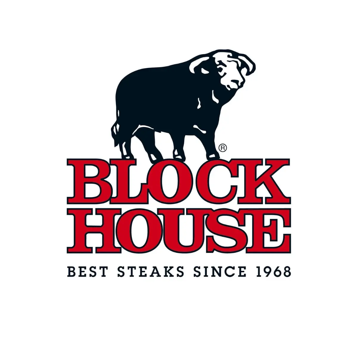 Logo für Block House mit der Silhouette eines Stiers, der über dem fetten roten Text Block House steht. Darunter steht Best Steaks Since 1968 in schwarzen Großbuchstaben auf weißem Hintergrund.