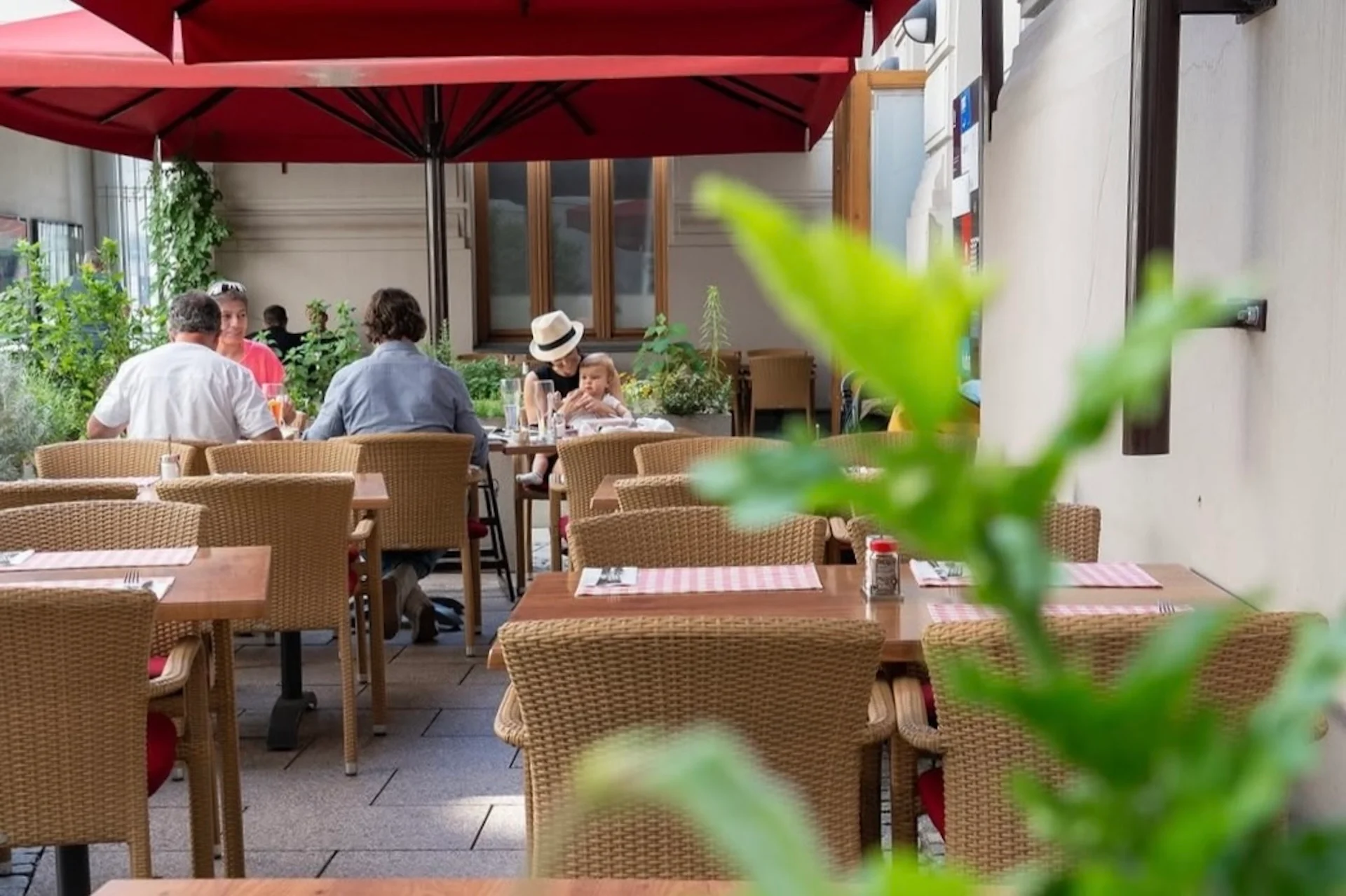 Menschen sitzen an Tischen unter roten Sonnenschirmen in einem Restaurant im Freien mit Korbstühlen und Grünpflanzen. Ein Kind sitzt mit Erwachsenen im Hintergrund, während eine Grünpflanze im Vordergrund im Fokus ist.
