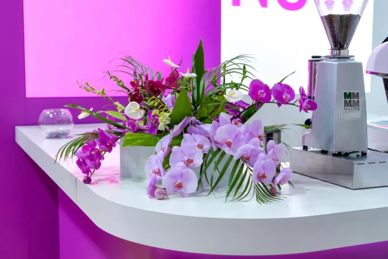 Blumenkultur Eine weiße Arbeitsplatte mit einem farbenfrohen Blumenarrangement aus violetten, rosa und weißen Orchideen neben einer Kaffeemühle aus Metall vor einem leuchtend rosa-weißen Hintergrund.