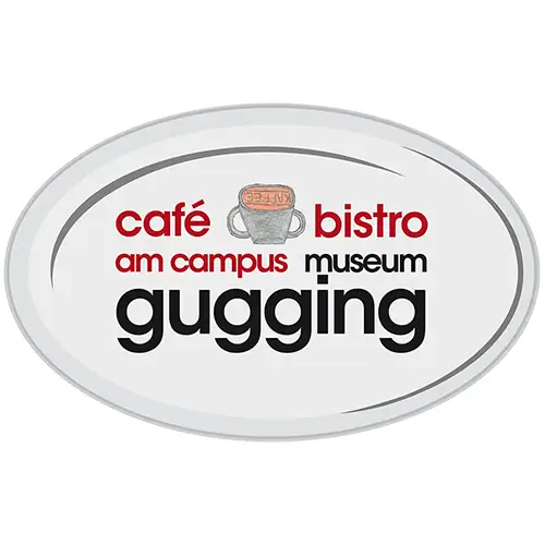 Ein ovales Schild mit den Worten café bistro am campus museum gugging in schwarzer und roter Schrift, mit einer Kaffeetassenillustration in der Mitte über dem Text.