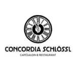Schwarz-weißes Logo mit einer Uhr, die 11:55 Uhr zeigt, über dem Text CONCORDIA SCHLÖSSL und CAFÉSALON & RESTAURANT auf weißem Hintergrund.