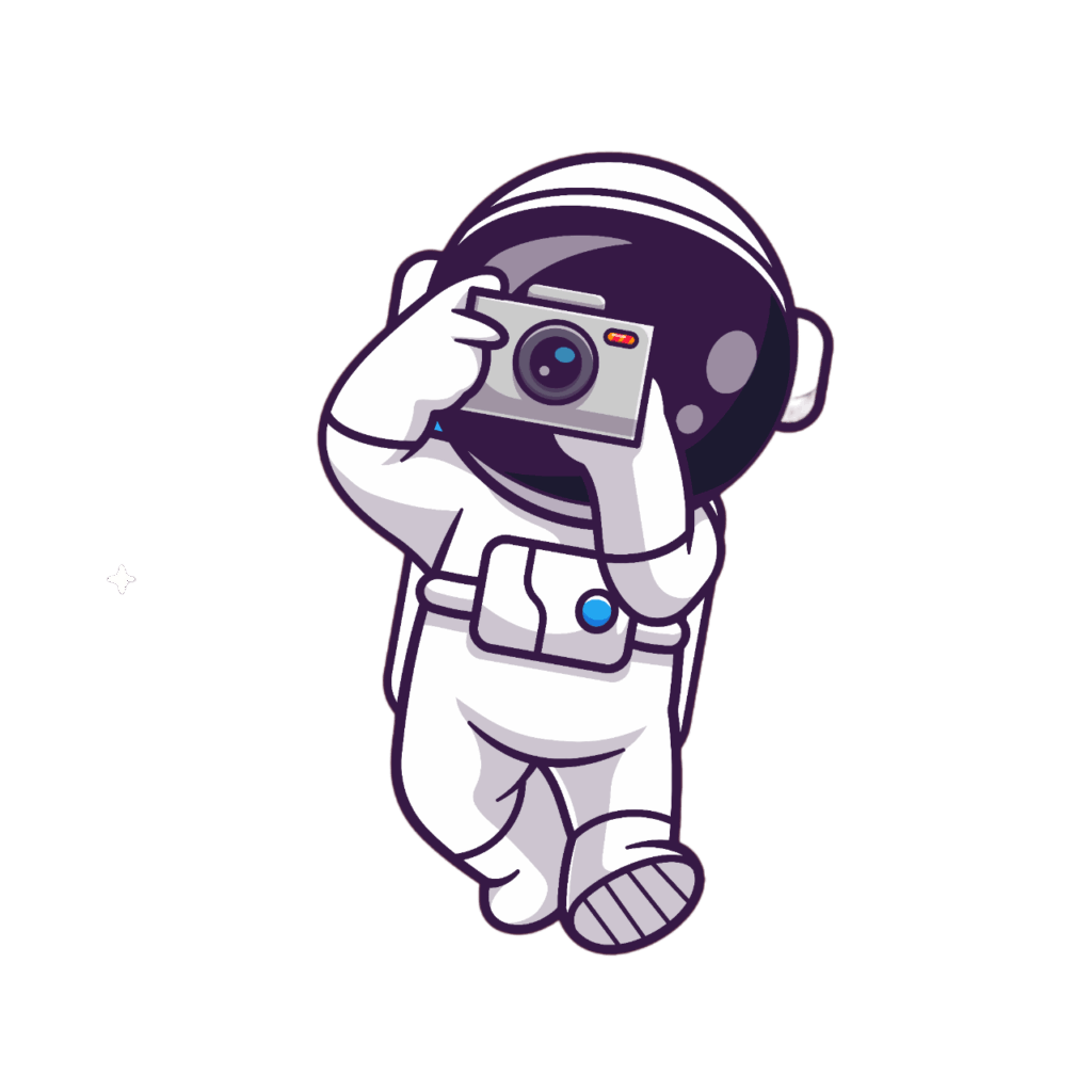 Ein Cartoon-Astronaut in einem weißen Anzug schwebt, während er eine Kamera an seinen Helm hält und scheinbar ein Foto macht. Der Hintergrund ist einfarbig und hell.