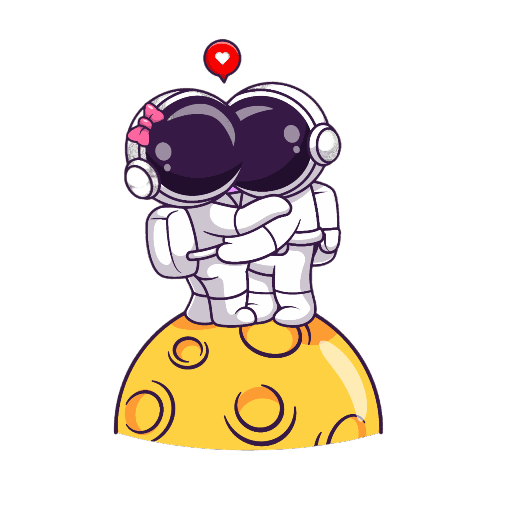 Zwei Cartoon-Astronauten umarmen sich auf einem gelben Mond mit Kratern. Einer hat eine rosa Schleife auf seinem Helm. Darüber schwebt ein rotes Herz, das Zuneigung zeigt. Die Szene wirkt so charmant wie eine Nacht in der alten Kaisermühle. Schlichter weißer Hintergrund.