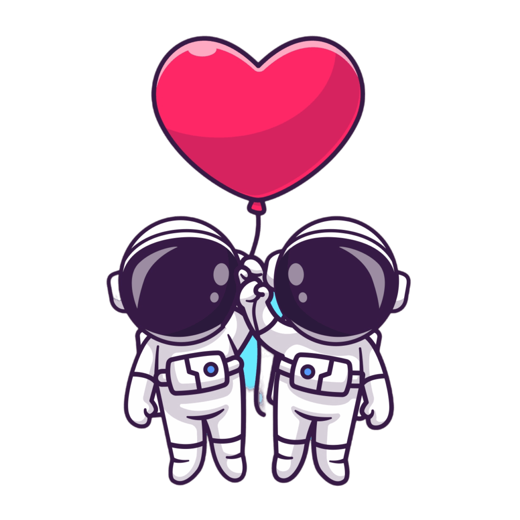 Zwei niedliche Cartoon-Astronauten halten sich an den Händen und teilen sich einen großen roten, herzförmigen Ballon. Sie stehen Seite an Seite und lächeln durch ihre Helme hindurch - die perfekte Inspiration für jeden Fotografen für Hochzeit, der auf der Suche nach außergewöhnlichen Liebesgeschichten ist.