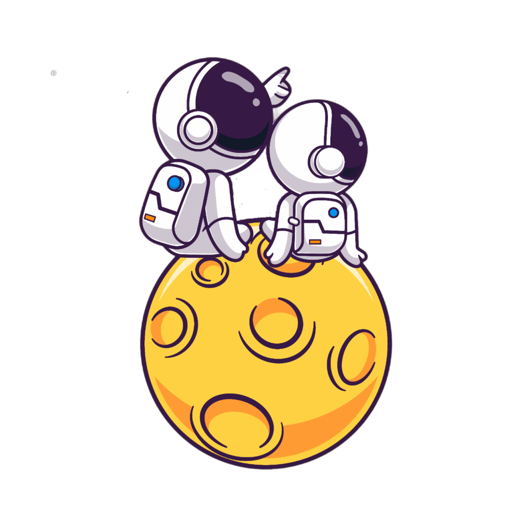 Zwei Cartoon-Astronauten mit Rucksäcken sitzen auf einem gelben, verkraterten Mond, einer zeigt in die Ferne, während sie den Vatertag Wien feiern. Der andere sitzt neben ihnen vor einem schlichten weißen Hintergrund.