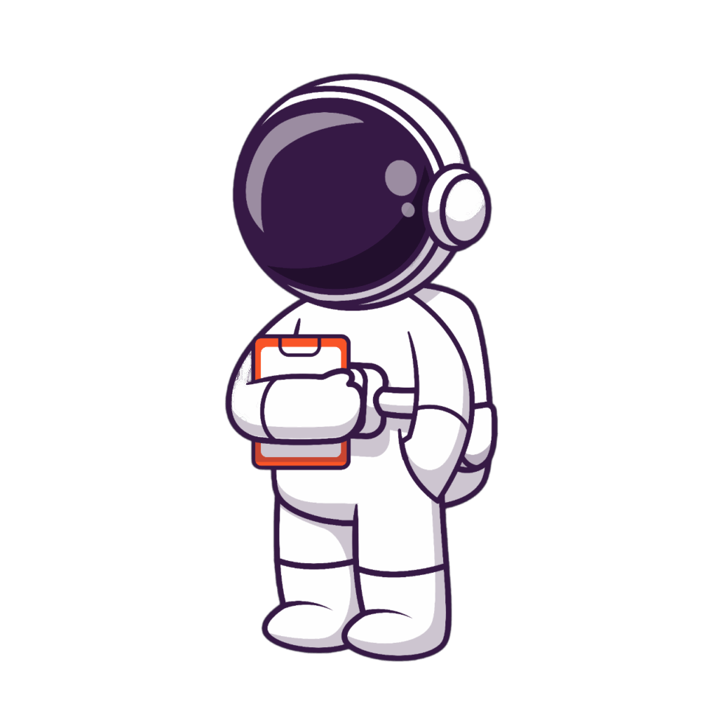 Cartoon-Astronaut mit Raumanzug und Helm, der ein orangefarbenes Klemmbrett vor einem hellgrauen Hintergrund hält, bereit, den Vatertag in Wien zu feiern.