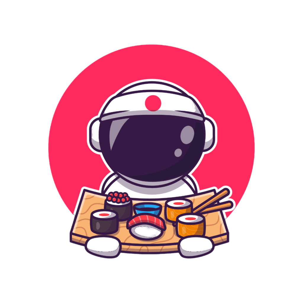 Ein niedlicher Cartoon-Astronaut hält ein Holztablett mit verschiedenen Sushi und einem Paar Essstäbchen in der Hand - perfekt für Fans von Asiatisch essen Wien. Im Hintergrund leuchtet ein pinkfarbener Kreis.
