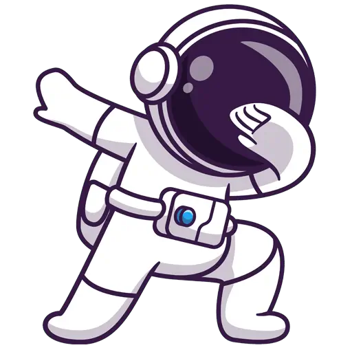 Cartoon-Astronaut in einem Raumanzug, der eine Tupfentanz-Pose einnimmt, wobei ein Arm zum Gesicht hin angewinkelt und der andere zur Seite ausgestreckt ist. Der Astronaut hat ein glänzendes schwarzes Visier und einen weißen Anzug mit blauen Details.