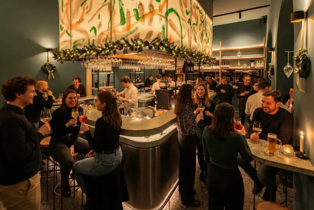 Drei Bögen Eine lebhafte Bar-Szene mit Menschen, die sich um einen zentralen Tresen im Drei Bögen versammeln, trinken und lächeln. Warme Beleuchtung, festliche Dekoration und über der Bar hängende Gläser schaffen eine gemütliche, einladende Atmosphäre.