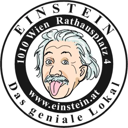 Logo mit einer Karikatur von Albert Einstein, der seine Zunge herausstreckt, umgeben von dem Text: "EINSTEIN 1010 Wien Rathausplatz 4 www.einstein.at Das geniale Lokal.".