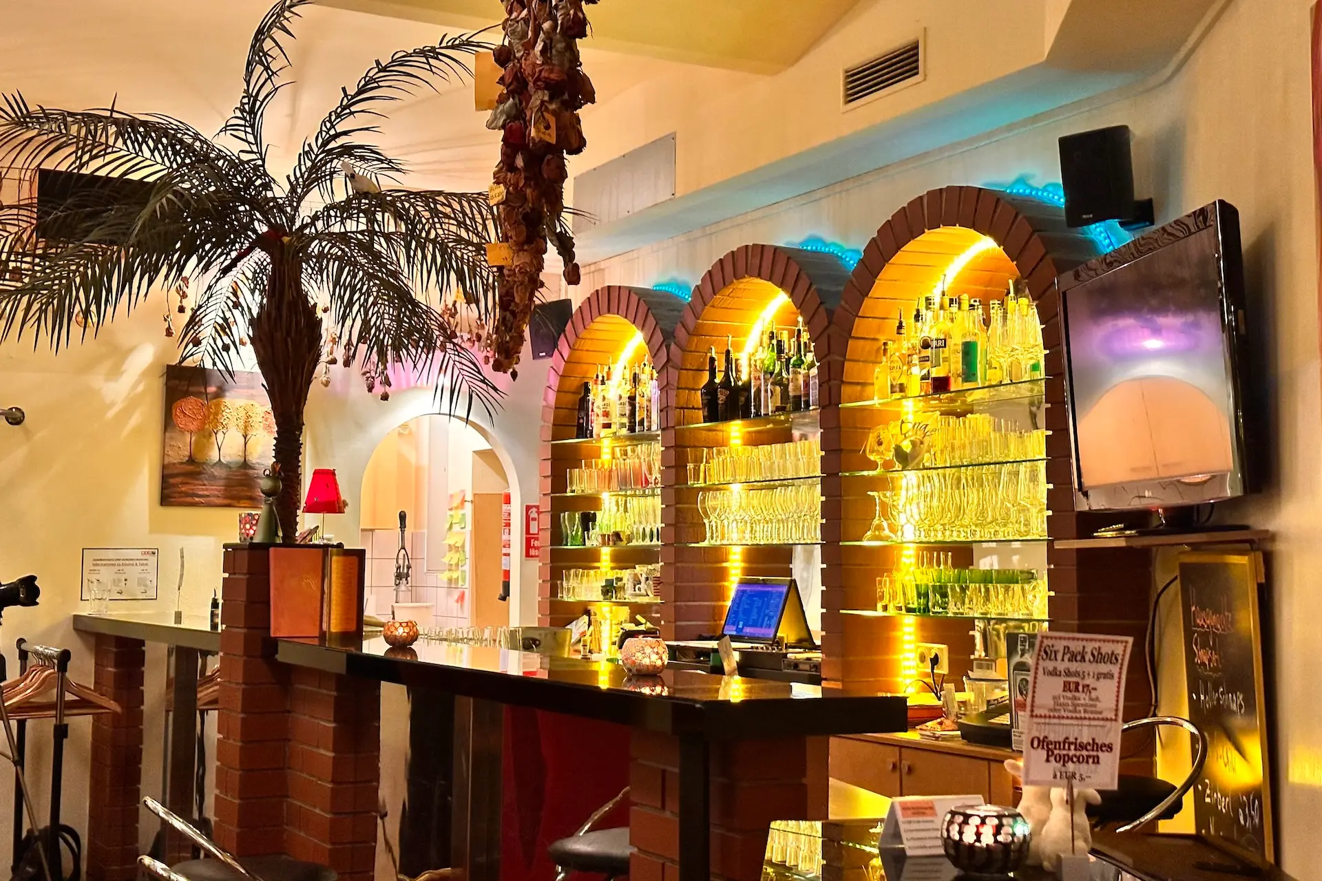 Eine gemütliche Bar mit beleuchteten, gewölbten Regalen, die mit Flaschen und Gläsern bestückt sind, ein Tresen mit Hockern und eine dekorative künstliche Palme schaffen eine warme, einladende Atmosphäre.
