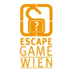 Orangefarbenes Logo mit einem offenen Vorhängeschloss mit einem Fragezeichen in einem Quadrat, darüber der Text ESCAPE GAME WIEN in fetten Großbuchstaben.