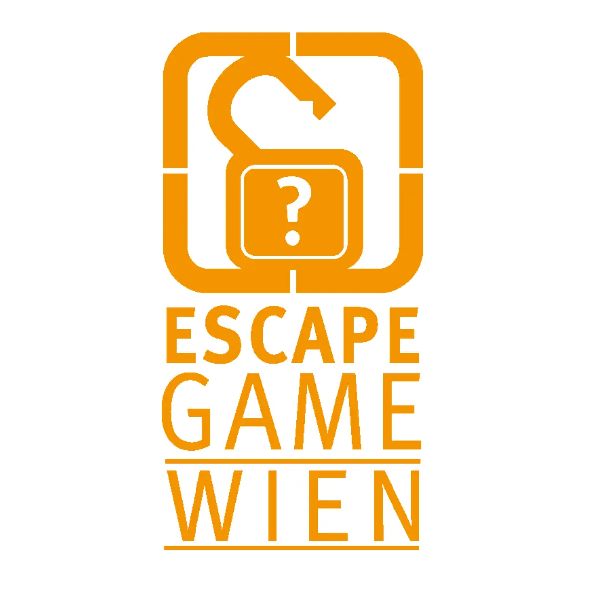 Orangefarbenes Logo mit einem offenen Vorhängeschloss mit einem Fragezeichen in einem Quadrat, darüber der Text ESCAPE GAME WIEN in fetten Großbuchstaben.