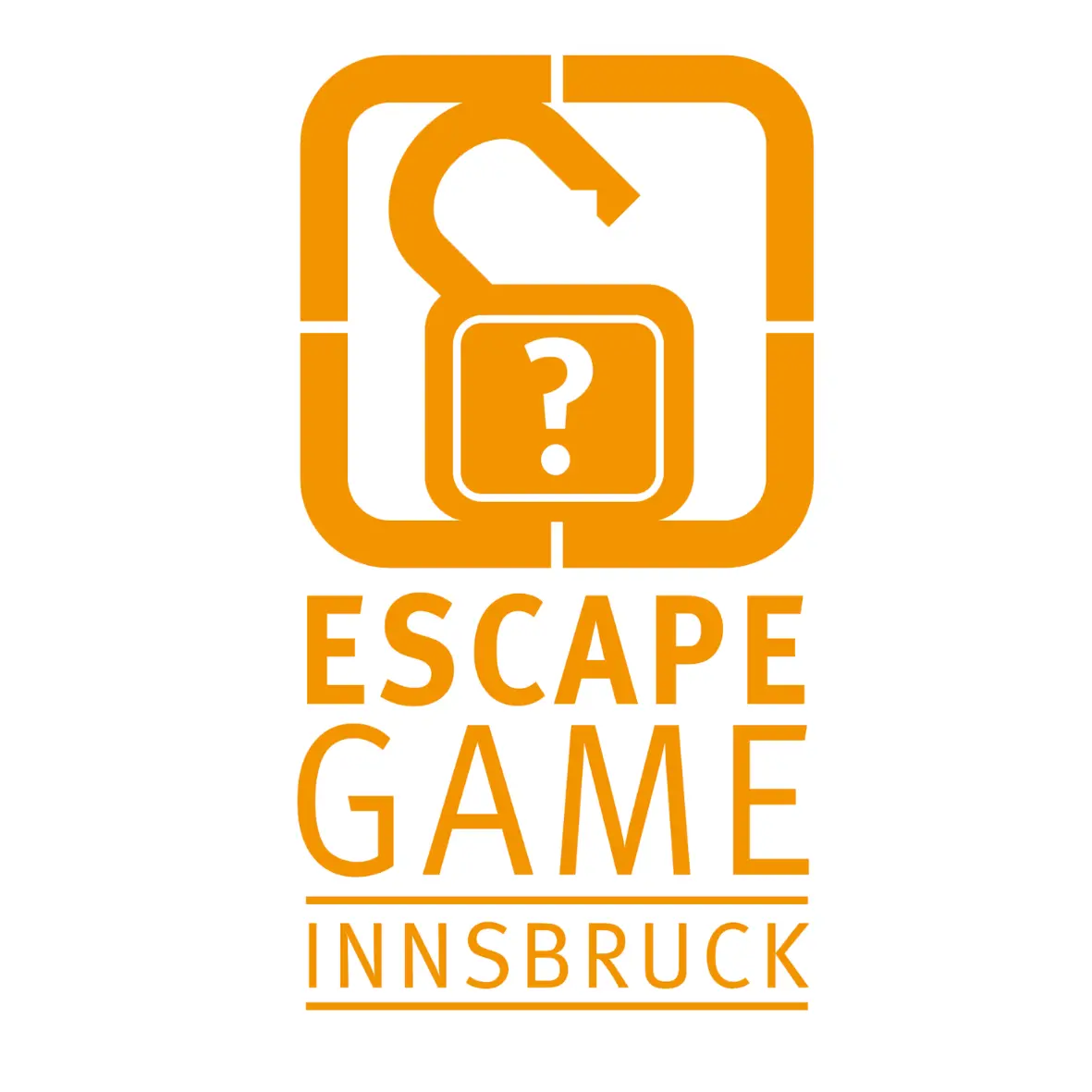 Das orangefarbene Logo von Escape Game Innsbruck zeigt ein offenes Vorhängeschloss mit einem Fragezeichen im Inneren, darüber die Worte ESCAPE GAME INNSBRUCK in fetten Buchstaben auf weißem Hintergrund.