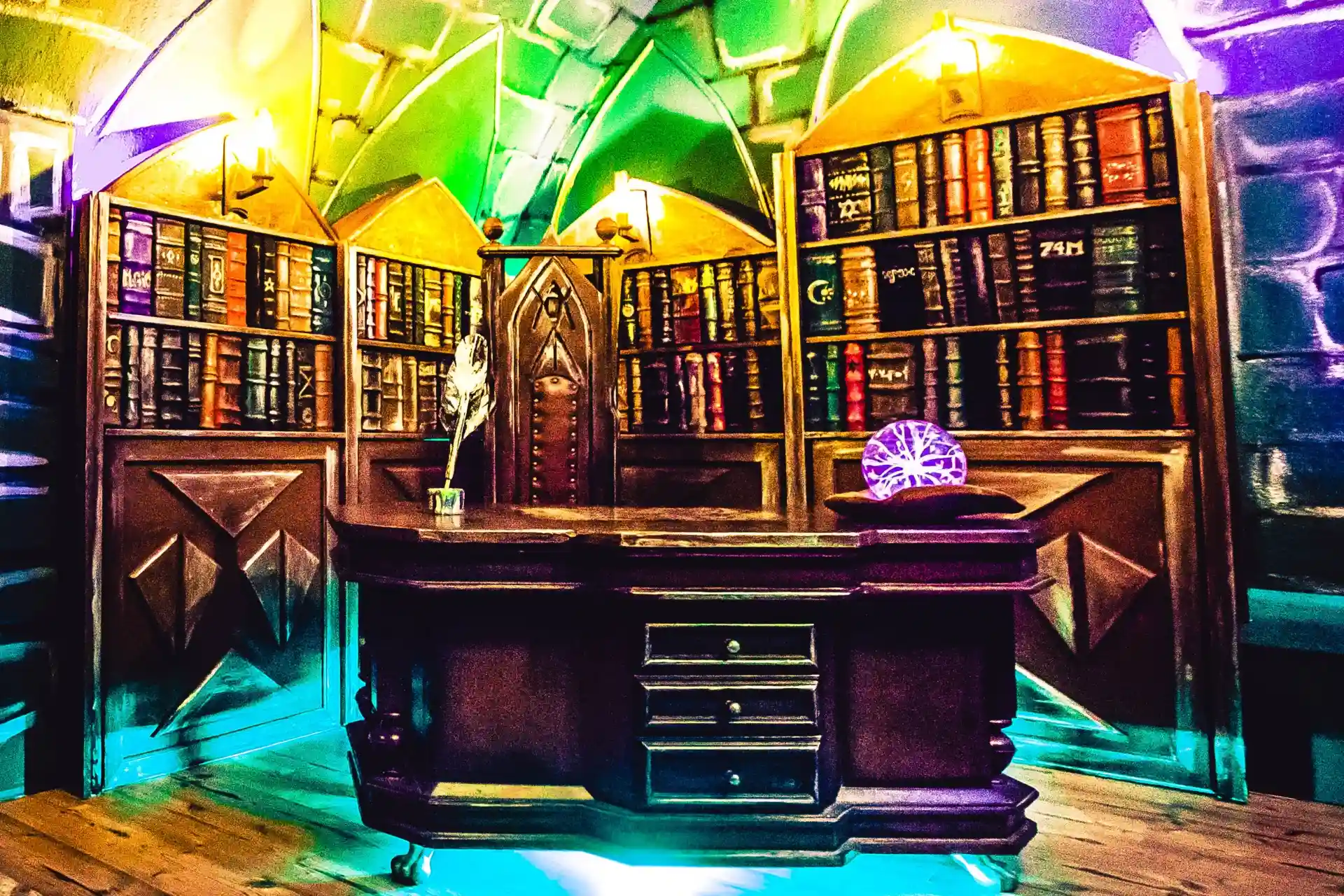 Eine fantasievoll gestaltete Bibliothek mit bunter Beleuchtung, hohen Bücherregalen, einem großen verzierten Schreibtisch, Federkiel und einer leuchtenden Kristallkugel schafft eine magische Atmosphäre voller #Spannung - perfekt für ein #EscapeGameInnsbruck-Abenteuer.