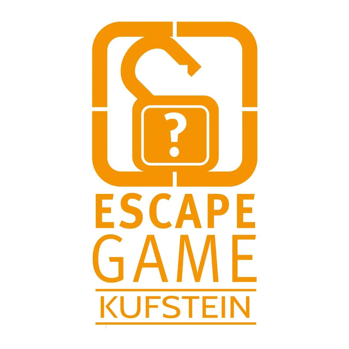 Ein orangefarbenes Logo mit einem offenen Vorhängeschloss mit einem Fragezeichen darin, umgeben von einem quadratischen Rahmen. Darunter steht in Großbuchstaben der Text ESCAPE GAME KUFSTEIN.