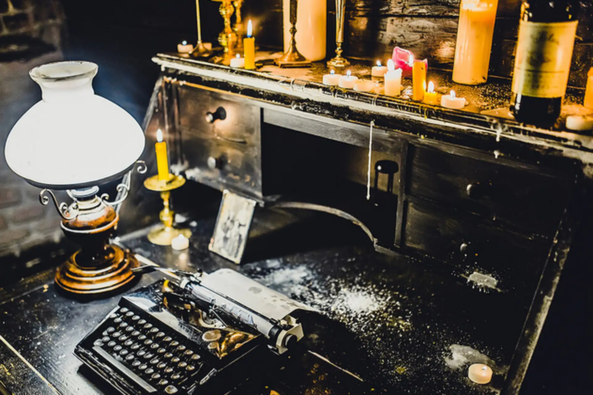 Eine alte Schreibmaschine steht auf einem verstaubten Holztisch, der von einer alten Lampe beleuchtet wird, und ist von geschmolzenen Kerzen umgeben, die eine geheimnisvolle, schummrige Atmosphäre schaffen.