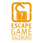 Orangefarbenes Logo mit einem offenen Vorhängeschloss mit einem Fragezeichen darauf, umgeben von einem quadratischen Umriss. Darunter steht in Großbuchstaben der Text ESCAPE GAME SALZBURG.