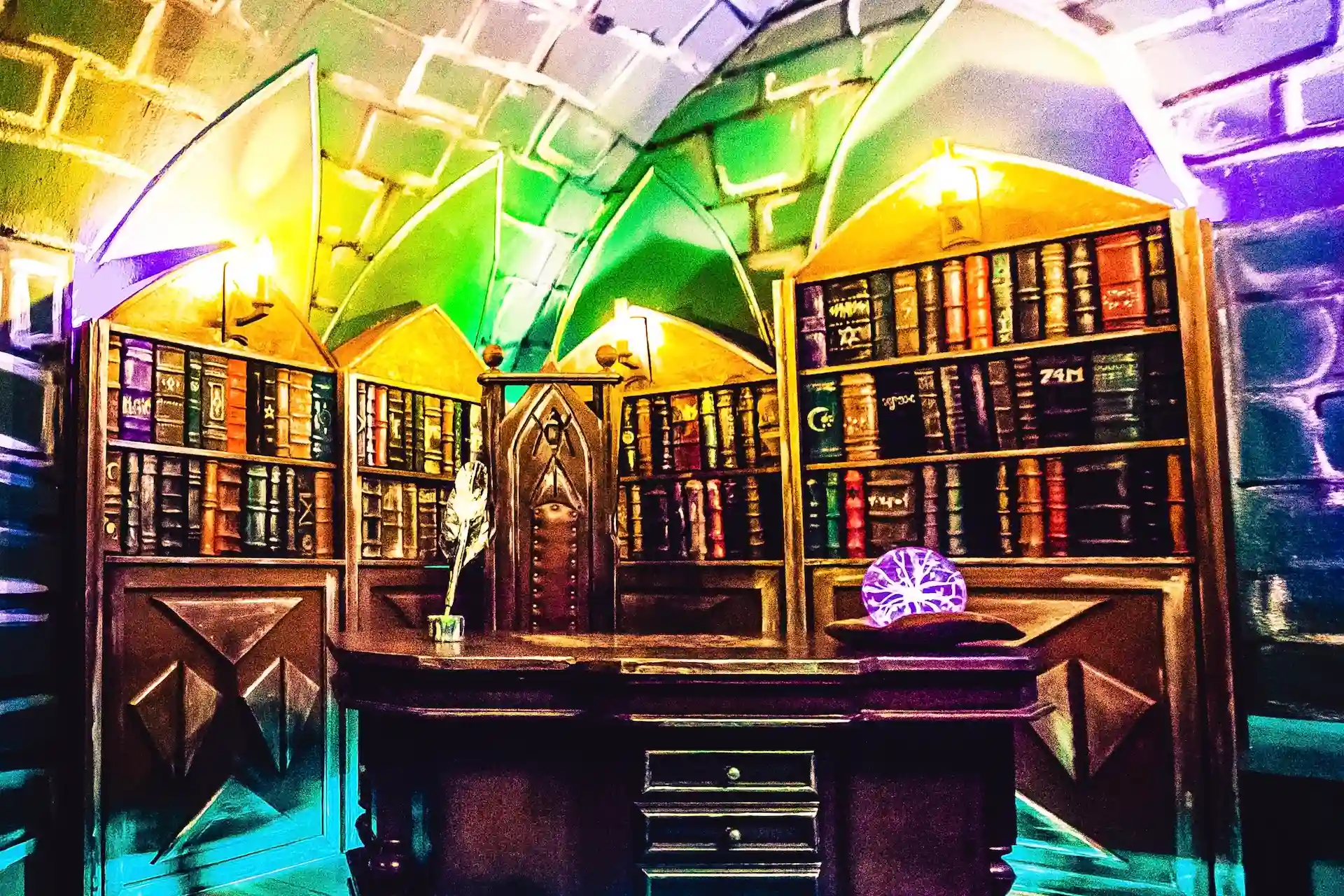 Eine lebendige, fantasievolle Bibliothek mit gewölbten, bunt beleuchteten Decken, mit Büchern gefüllten Regalen, einem zentralen hölzernen Schreibtisch, einem Federkiel in einem Tintenfass und einer leuchtenden Kristallkugel auf dem Schreibtisch.