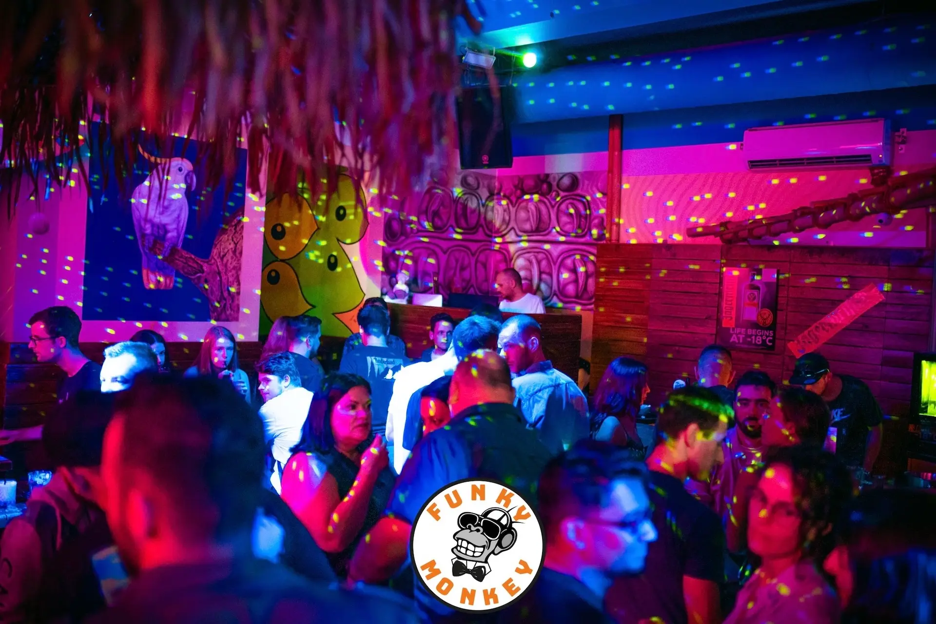 Ein überfüllter Nachtclub mit bunten Lichtern, tanzenden Menschen und lebhafter Wandmalerei mit Tieren. Im Hintergrund steht ein DJ. Das Funky Monkey-Logo ist im Vordergrund zu sehen.